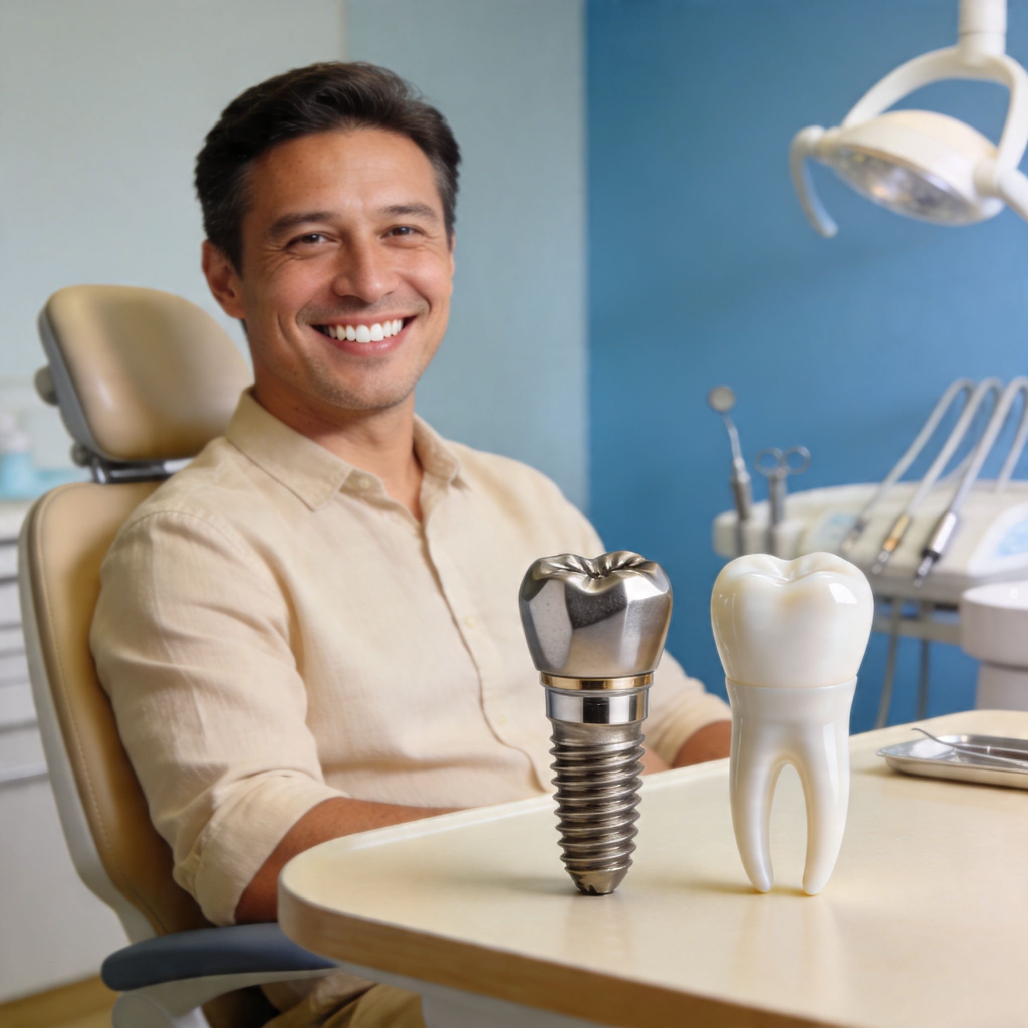 Hooked image: adult patient researching affordable screwless implants with a clinician