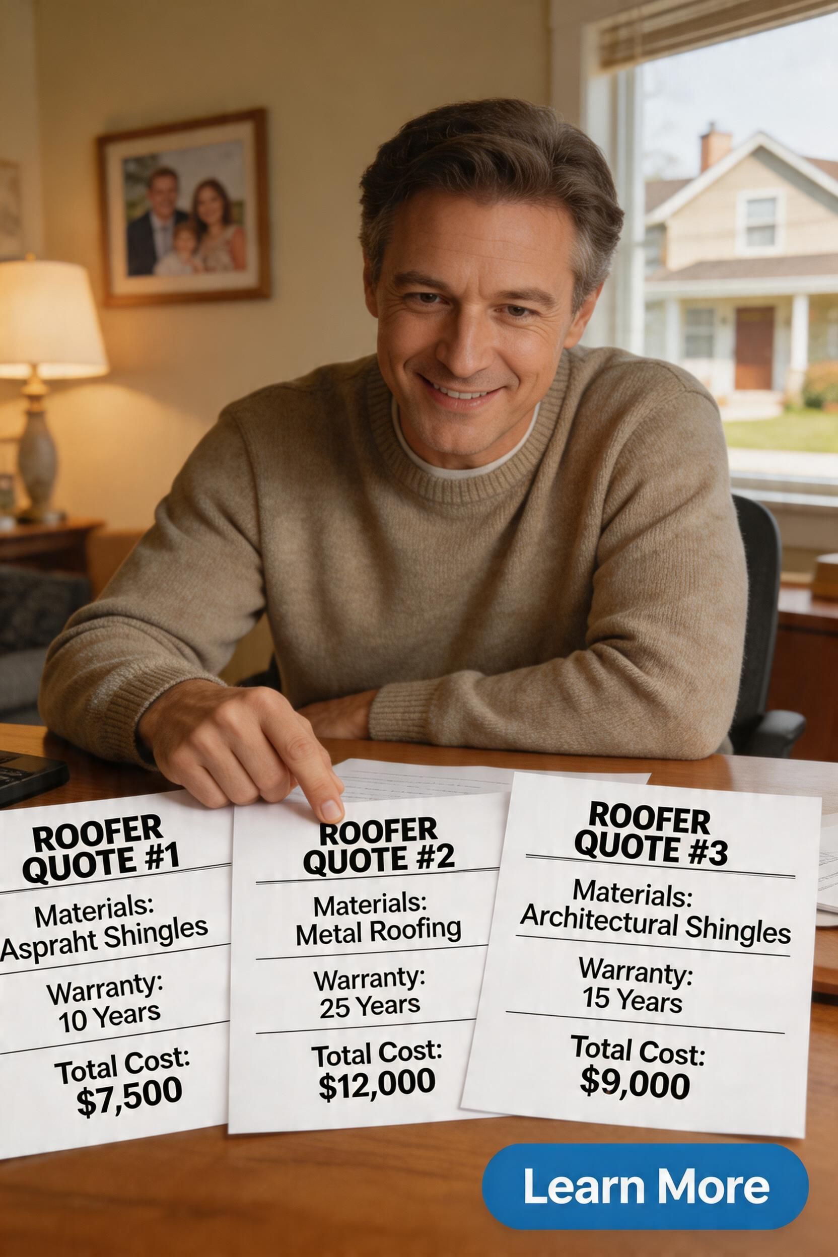 Homeowner comparing quotes from local roofers